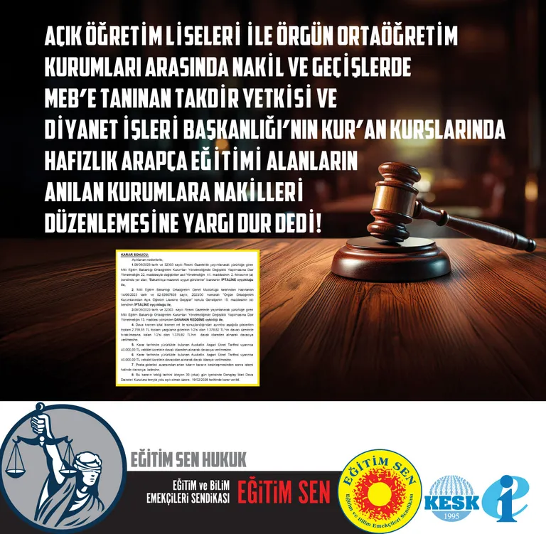 Açık Öğretim Liseleri ile Örgün Ortaöğretim Kurumları Arasında Nakil ve Geçişlerde MEB'e Tanınan Takdir Yetkisi Ve Diyanet İşleri Başkanlığı’nın Kur’an Kurslarında Hafızlık Arapça Eğitimi Alanların Anılan Kurumlara Nakilleri Düzenlemesine Yargı Dur Dedi!