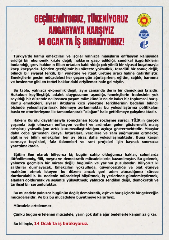 14 Ocak'ta İş Bırakıyoruz! / Bildiri