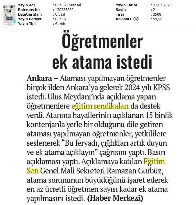 Öğretmenler Ek Atama İstedi / Evrensel