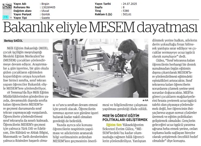 Bakanlık Eliyle MESEM Dayatması / Birgün