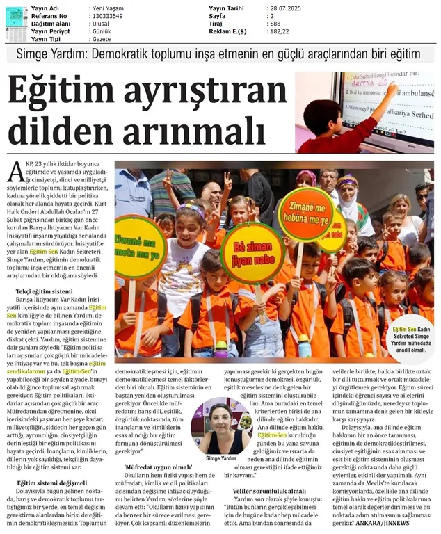 Eğitim Ayrıştıran Dilden Arınmalı / Yeni Yaşam