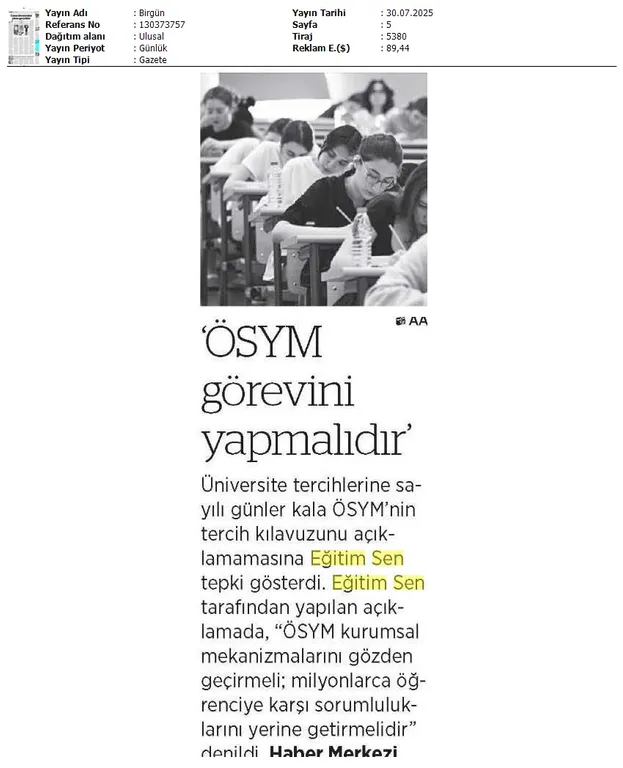 "ÖSYM Görevini Yapmalıdır" / Birgün
