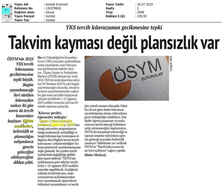 YKS Tercih Kılavuzunun Gecikmesine Tepki / Evrensel