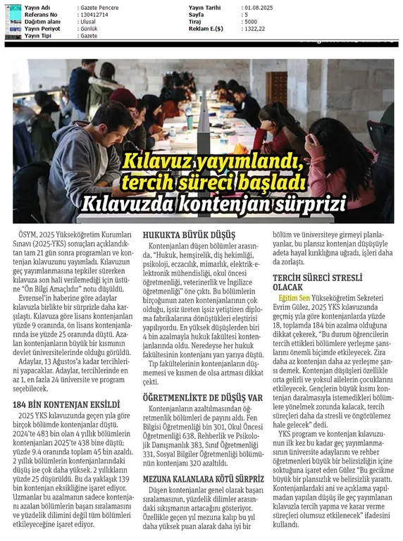 Kılavuz Yayımlandı, Tercih Süreci Başladı / Gazete Pencere
