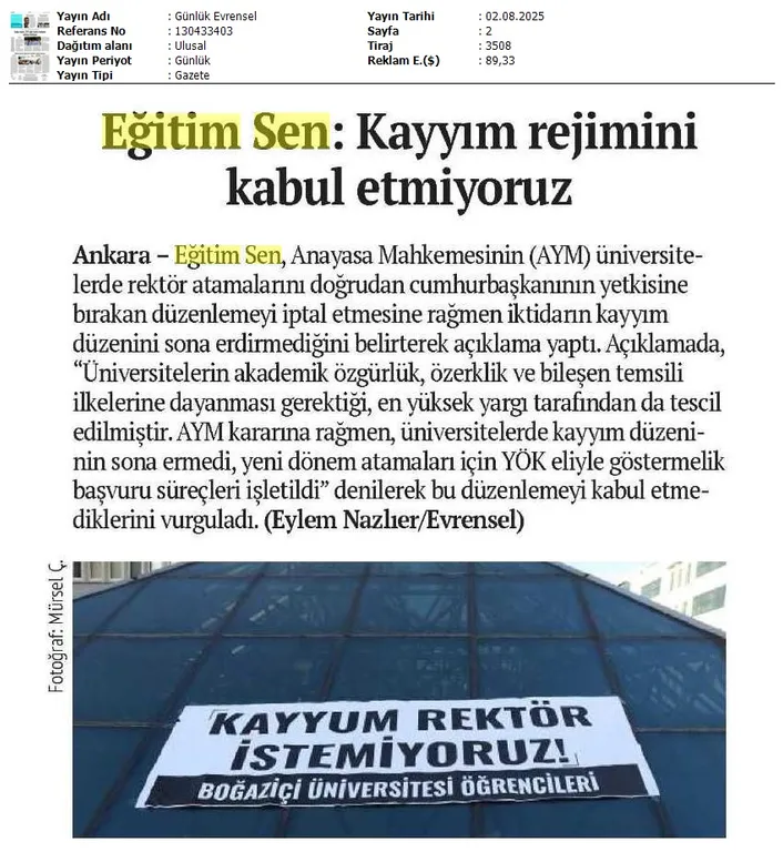 Eğitim Sen: Kayyım Rejimini Kabul Etmiyoruz / Evrensel