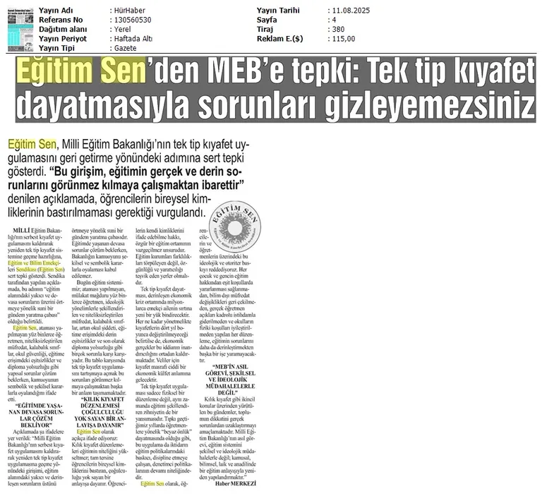 Eğitim Sen'den MEB'e Tepki: Tek Tip Kıyafet Dayatmasıyla Sorunları Gizleyemezsiniz / Hür Haber