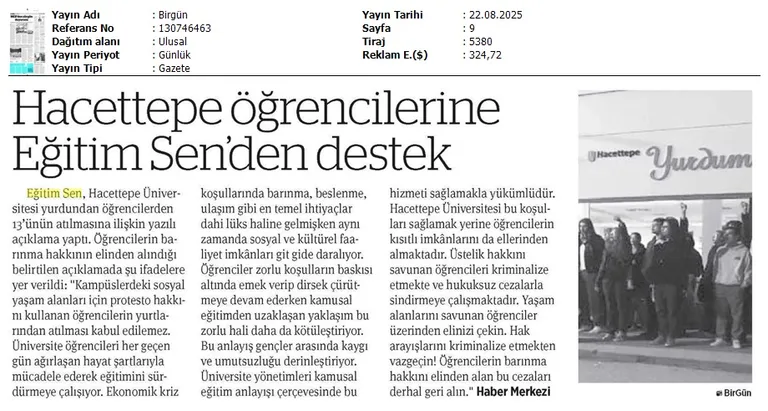 Hacettepe Öğrencilerine Eğitim Sen'den Destek / Birgün