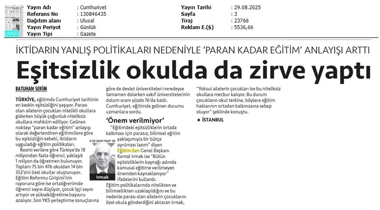 Eşitsizlik Okulda da Zirve Yaptı / Cumhuriyet