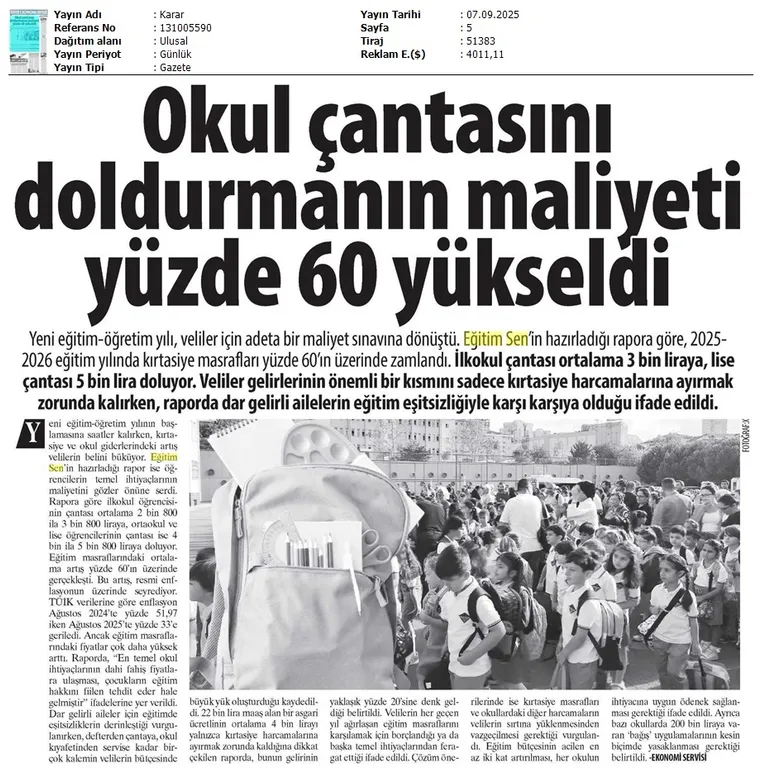 Okul Çantasını Doldurmanın Maliyeti Yüzde 60 Yükseldi / Karar