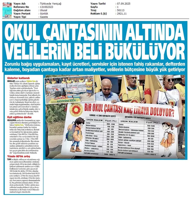 Okul Çantasının Altında Velilerin Beli Bükülüyor / Türkiye'de Yeniçağ