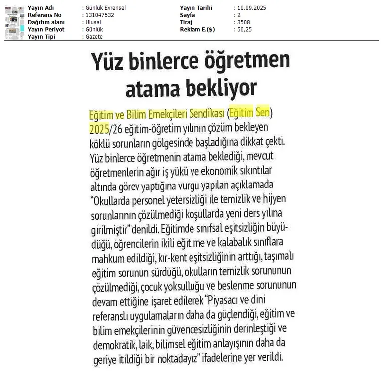 Yüz Binlerce Öğretmen Atama Bekliyor / Evrensel