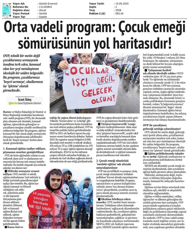 Orta Vadeli Program: Çocuk Emeği Sömürüsünün Yol Haritasıdır! / Evrensel