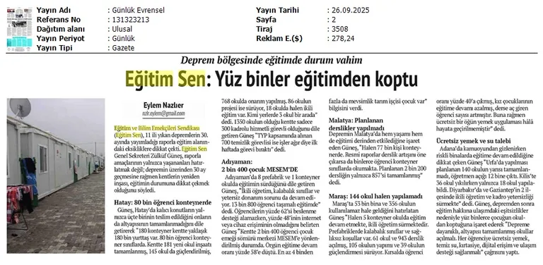 Eğitim Sen: Yüz Binler Eğitimden Koptu / Evrensel