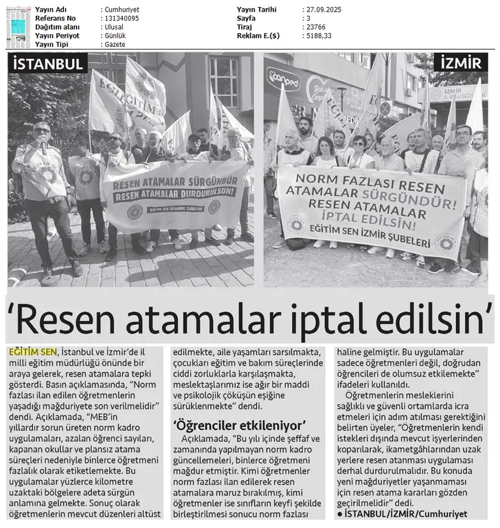 "Resen Atamalar İptal Edilsin" / Cumhuriyet