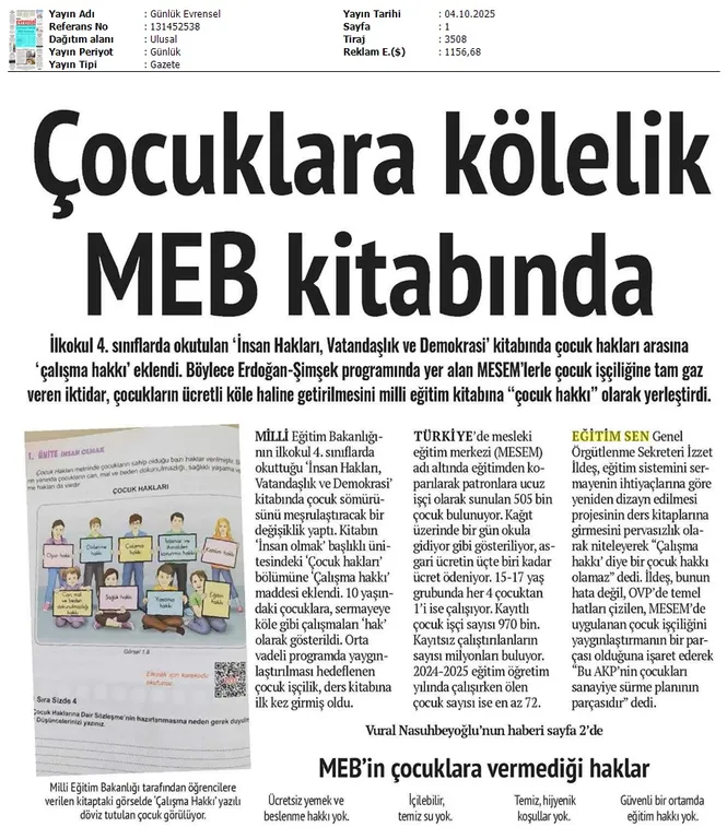 Çocuklara Kölelik MEB Kitabında / Evrensel