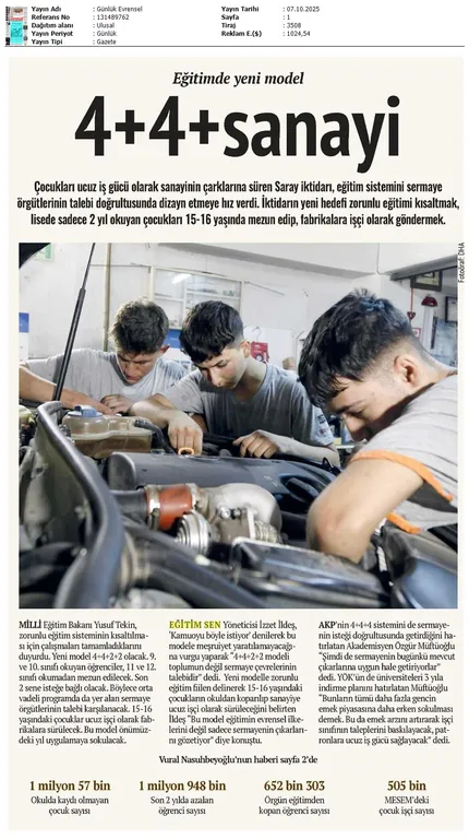 Eğitimde Yeni Model 4+4+Sanayi / Evrensel