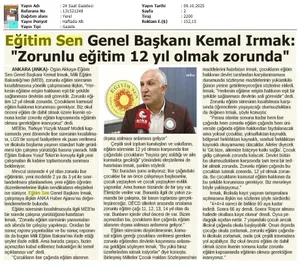 Eğitim Sen Genel Başkanı Kemal Irmak: "Zorunlu Eğitim 12 Yıl Olmak Zorunda" / 24 Saat Gazetesi