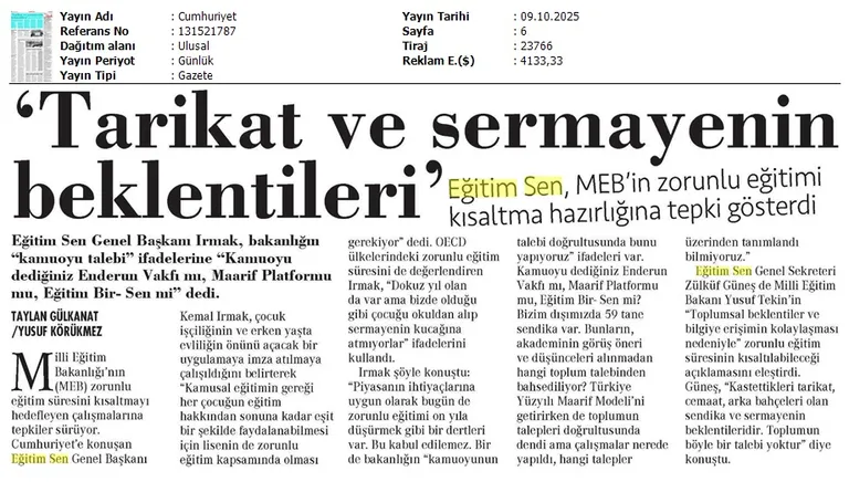 "Tarikat ve Sermayenin Beklentileri" / Cumhuriyet
