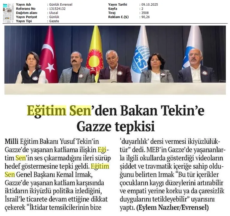 Eğitim Sen'den Bakan Tekin'e Gazze Tepkisi / Evrensel