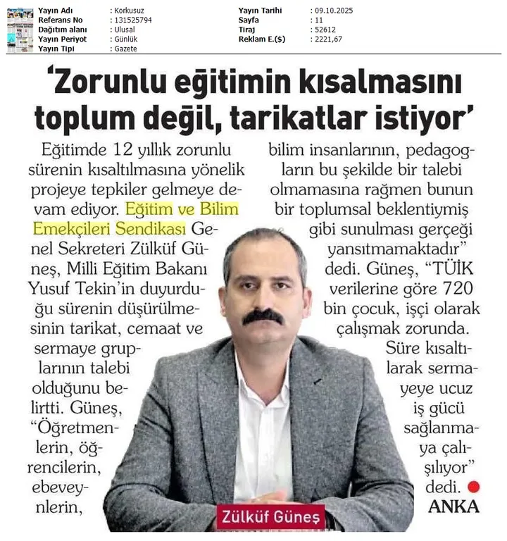 Zorunlu Eğitimin Kısalmasını Toplum Değil, Tarikatlar İstiyor / Korkusuz