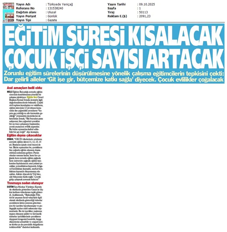 Eğitim Süresi Kısalacak, Çocuk İşçi Sayısı Artacak / Türkiye'de Yeniçağ
