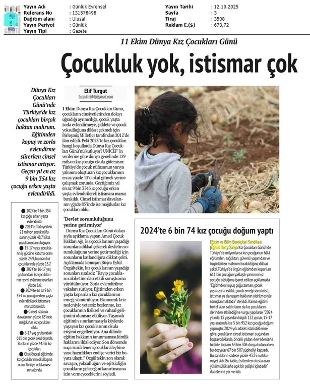 11 Ekim Dünya Kız Çocukları Günü: Çocukluk Yok, İstismar Çok / Evrensel