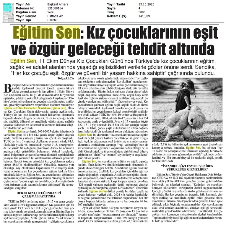 Eğitim Sen: Kız Çocuklarının Eşit ve Özgür Geleceği Tehdit Altında / Başkent Ankara