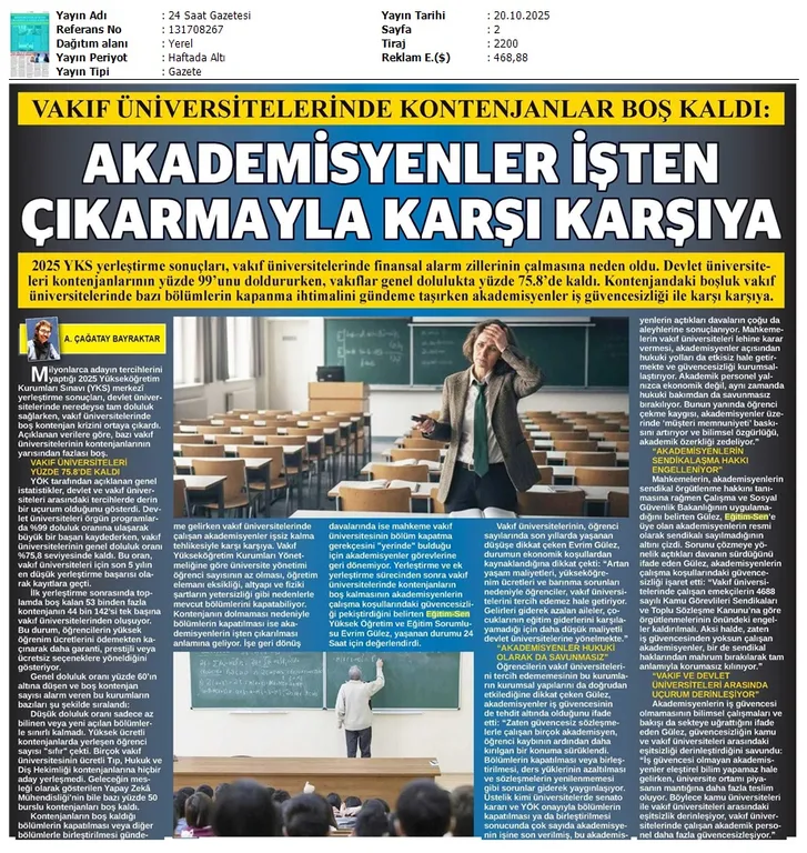 Akademisyenler İşten Çıkarmayla Karşı Karşıya / 24 Saat Gazetesi