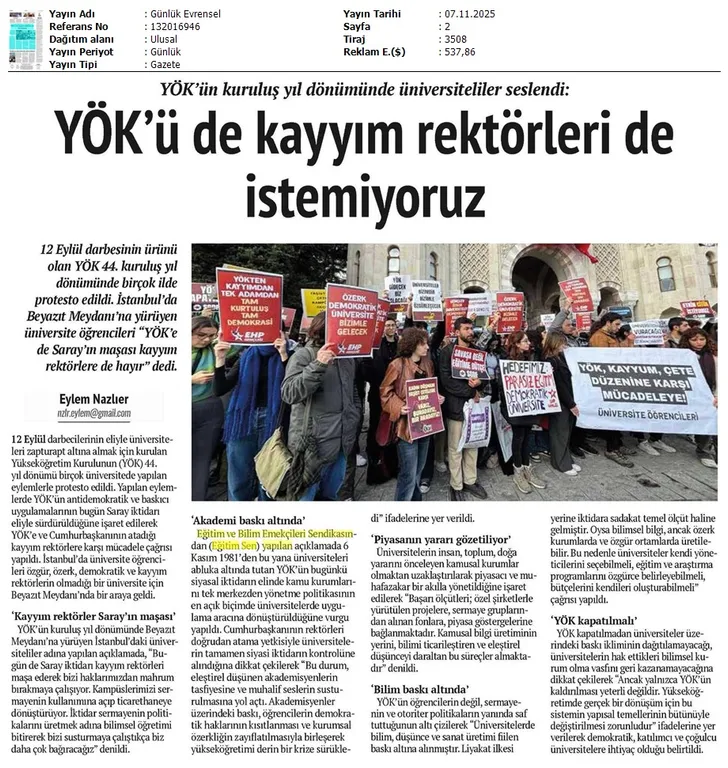 YÖK'ü de Kayyım Rektörleri de İstemiyoruz / Evrensel