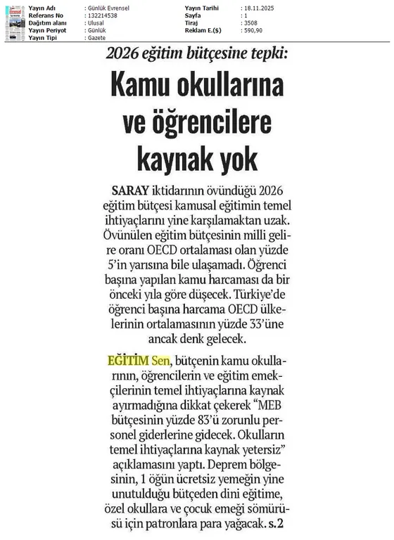 Kamu Okullarına ve Öğrencilere Kaynak Yok / Evrensel
