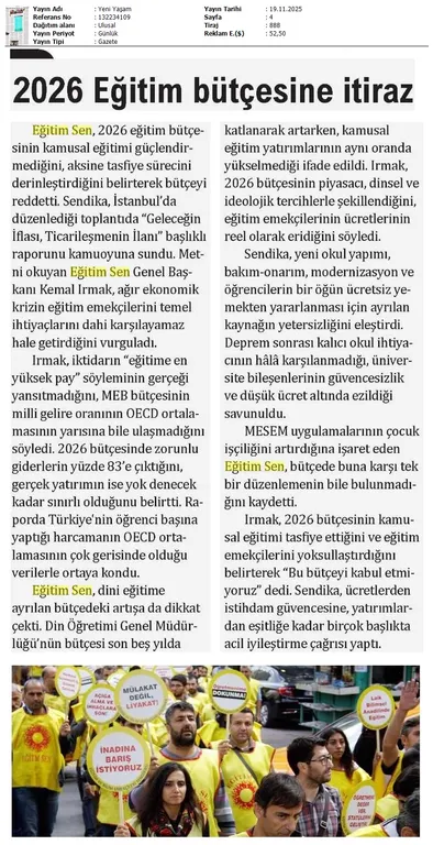 2026 Eğitim Bütçesine İtiraz / Yeni Yaşam