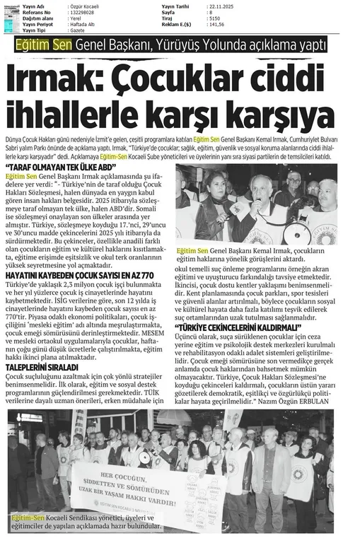 Irmak: Çocuklar Ciddi İhlallerle Karşı Karşıya / Özgür Kocaeli