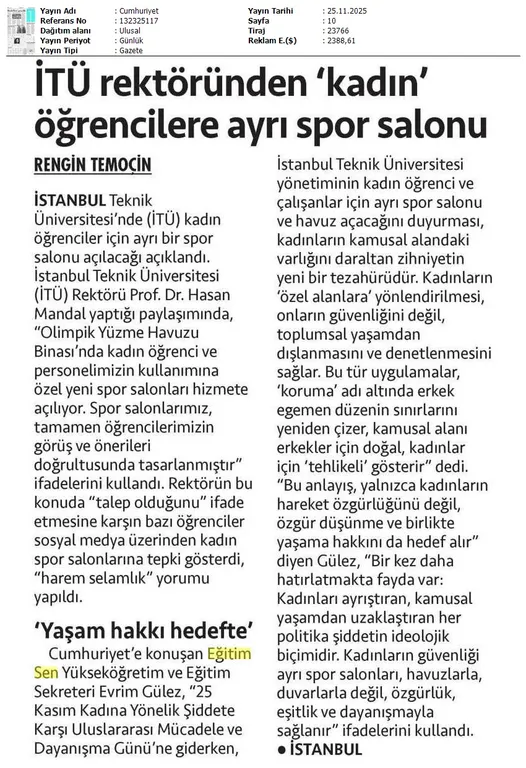 İTÜ Rektöründen 'Kadın' Öğrencilere Ayrı Spor Salonu / Cumhuriyet