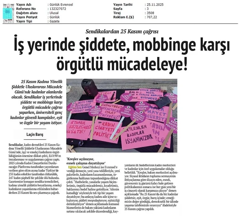 İş Yerinde Şiddete, Mobbinge Karşı Örgütlü Mücadeleye! / Evrensel