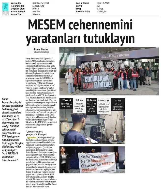 MESEM Cehennemini Yaratanları Tutuklayın / Evrensel