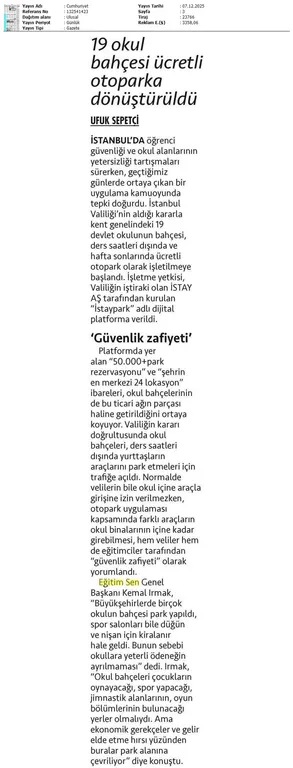 19 Okul Bahçesi Ücretli Otoparka Dönüştürüldü / Cumhuriyet
