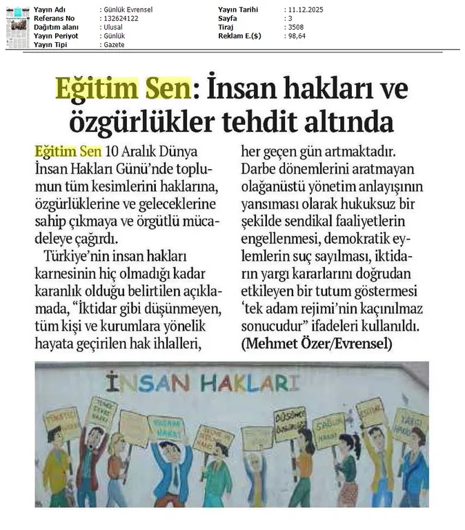 Eğitim Sen: İnsan Hakları ve Özgürlükler Tehdit Altında / Evrensel