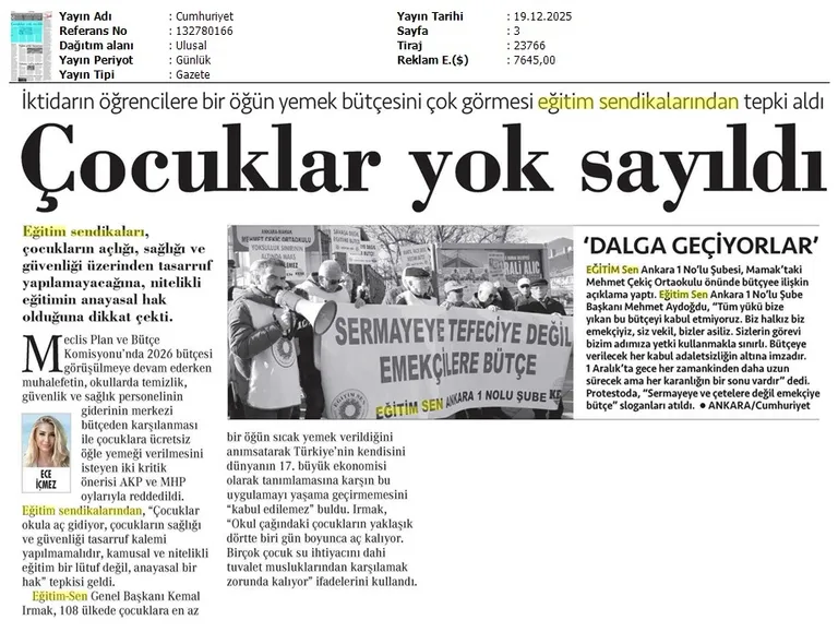 Eğitimciler Tepkili: Milyonlar Açlık Sarmalında / Cumhuriyet