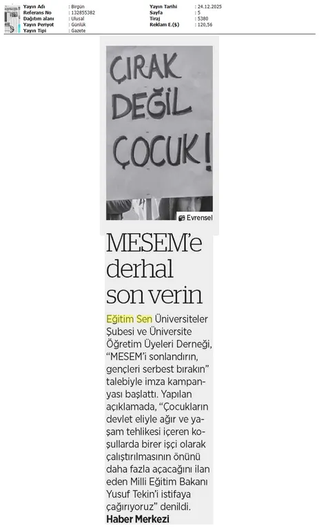 MESEM'e Derhal Son Verin / Birgün