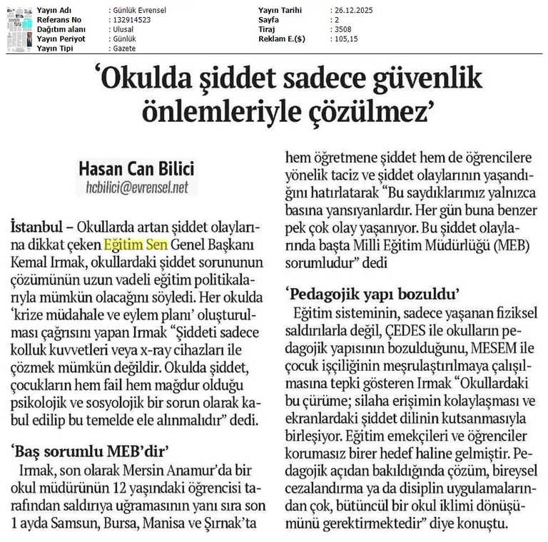 "Okulda Şiddet Sadece Güvenlik Önlemleriyle Çözülmez" / Evrensel