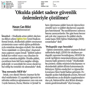 "Okulda Şiddet Sadece Güvenlik Önlemleriyle Çözülmez" / Evrensel