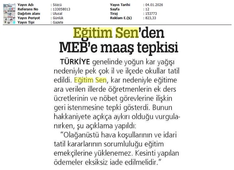 Eğitim Sen'den MEB'e Maaş Tepkisi / Sözcü