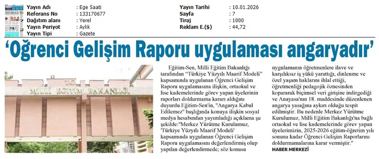 "Öğrenci Gelişim Raporu Uygulaması Angaryadır" / Ege Saati