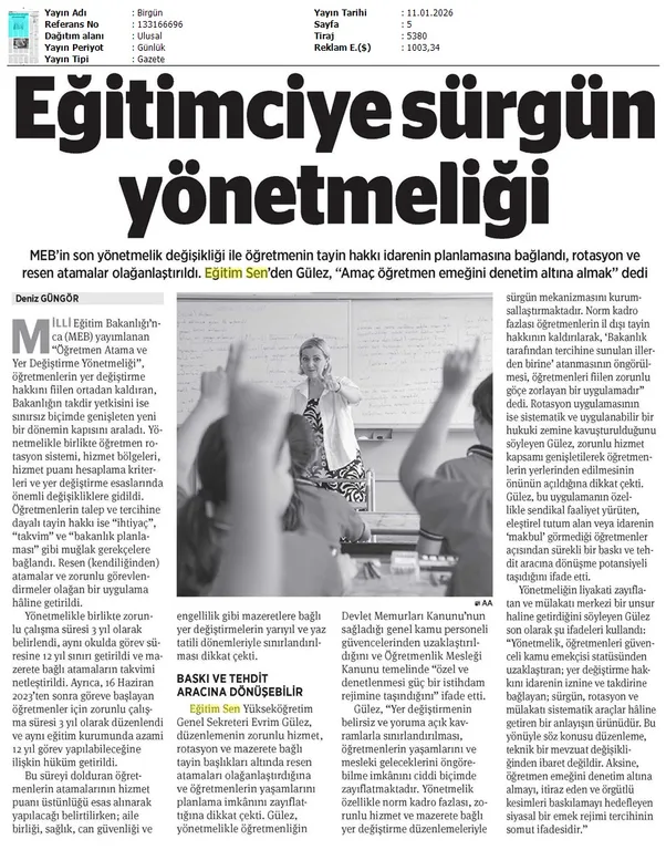Eğitimciye Sürgün Yönetmeliği / Birgün