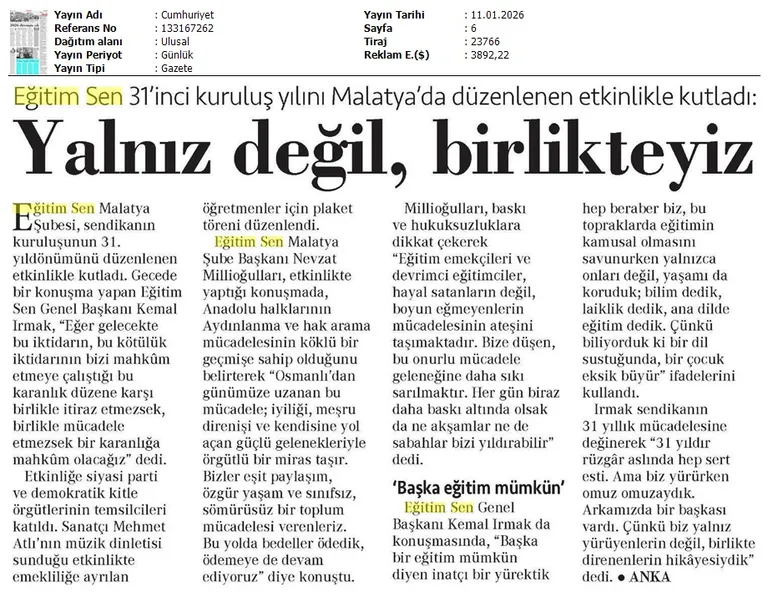 Eğitim Sen 31'inci Kuruluş Yılını Malatya'da Düzenlenen Etkinlikle Kutladı / Cumhuriyet