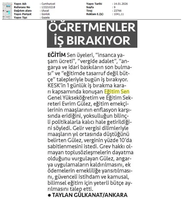 Eğitim Emekçileri Bugün İş Bırakıyor / Cumhuriyet