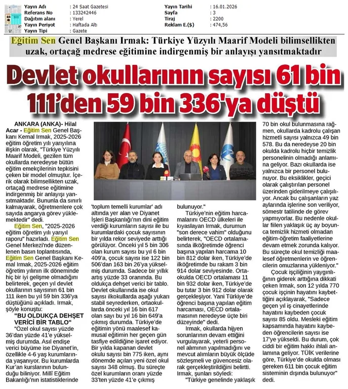 Devlet Okullarının Sayısı 61 Bin 111'den 59 Bin 336'ya Düştü / 24 Saat Gazetesi