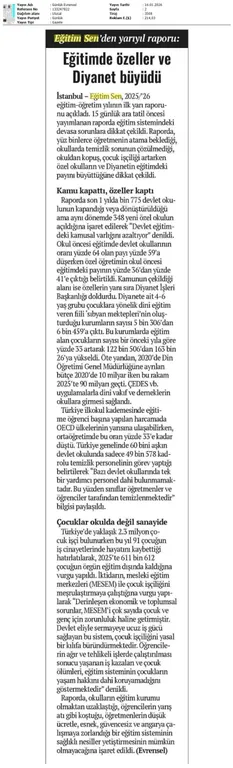 Eğitim Sen'den Yarıyıl Raporu: Eğitimde Özeller ve Diyanet Büyüdü / Evrensel