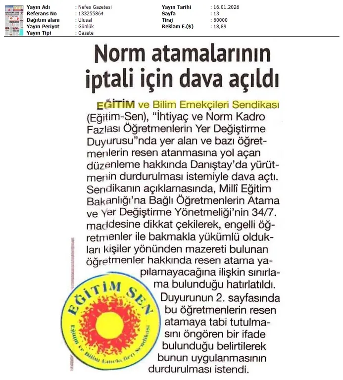 Norm Atamalarının İptali İçin Dava Açıldı / Nefes Gazetesi