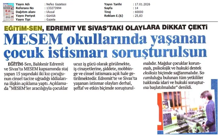MESEM Okullarında Yaşanan Çocuk İstismarı Soruşturulsun / Nefes Gazetesi